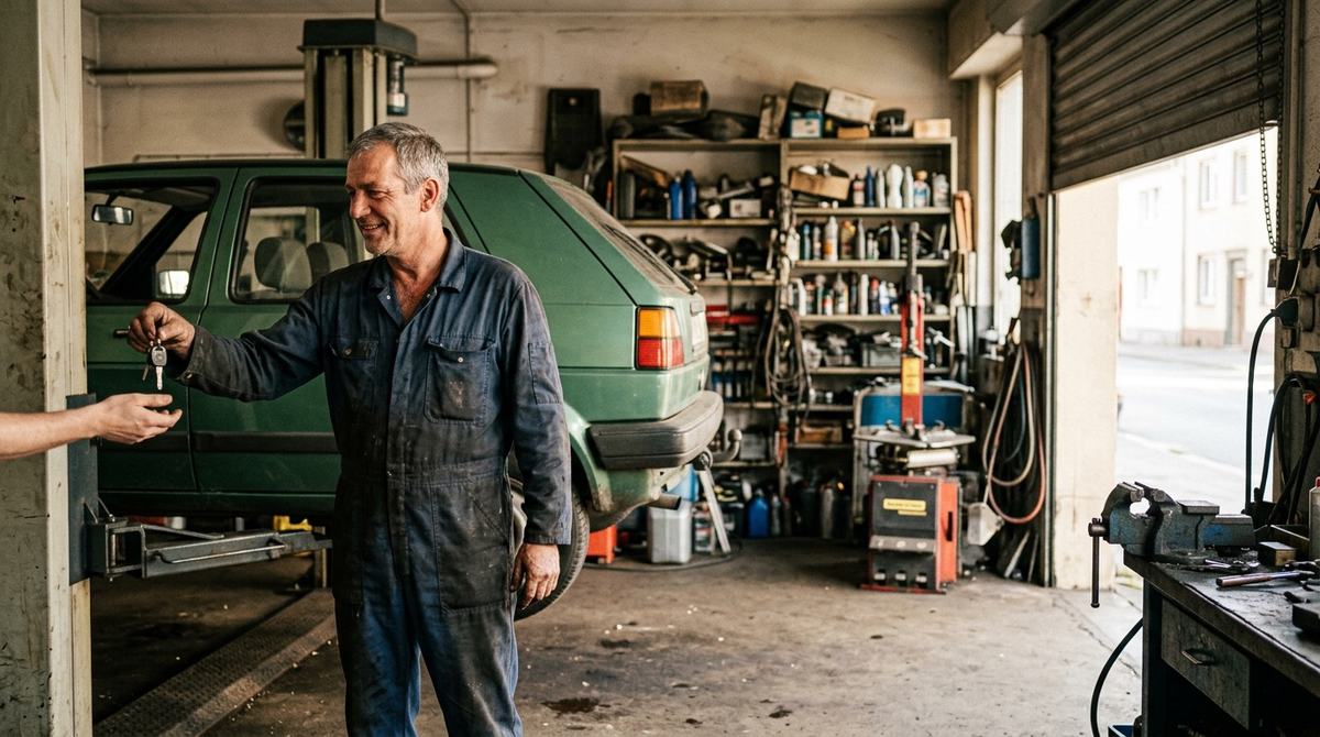 Kleiner freier Meisterbetrieb, Fahrzeugübergabe in der Werkstatt